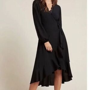 Porridge Black Wrap Dress Size Small Ruffle High Low Hem